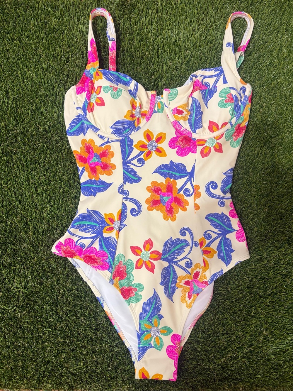 Live Life on the BeachFloral One-Piece Swimsuit – Ivory with Bright Floral Print